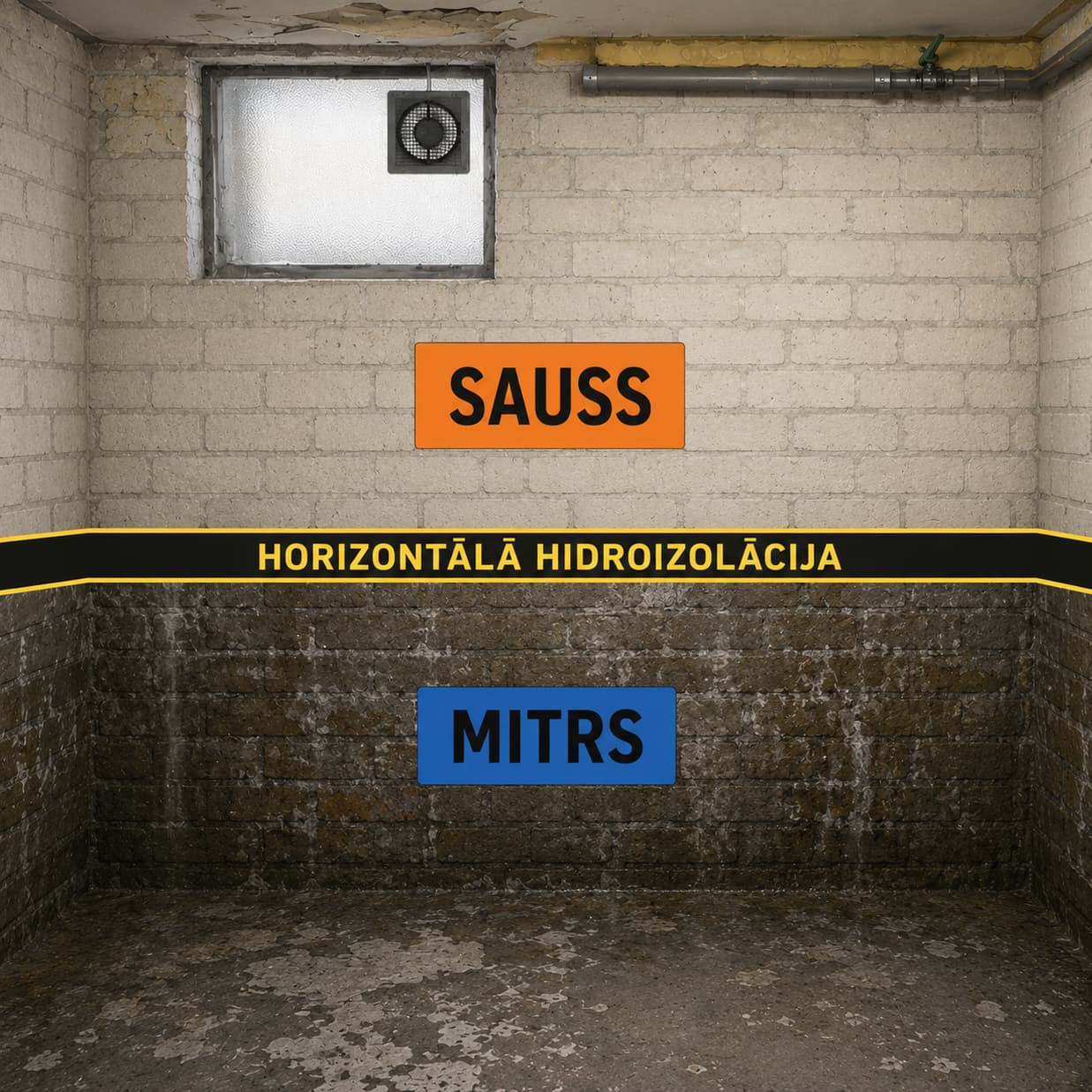 Horizontālā barjera notur kapilāro mitrumu: siena virs tās paliek sausa, zem tās - mitra.